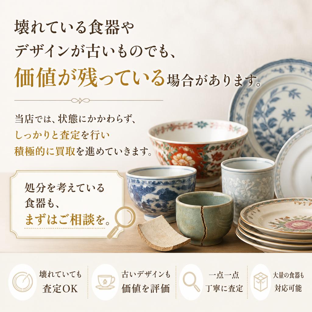 壊れた食器や古いものの買取も対応